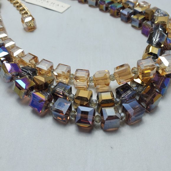 Ali khan glass cube bead 3 row necklace / casted end caps amethyst-champagne - Picture 4 of 5